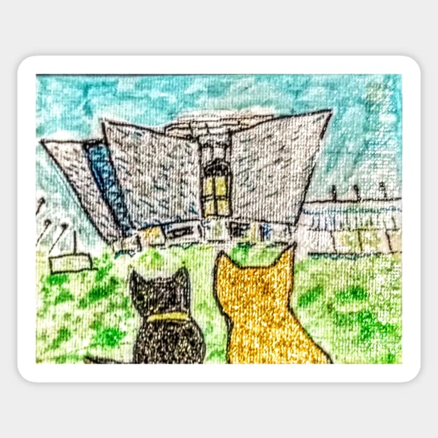 Fluffy and Bruce visit Tiitanic buildings Sticker by Joni57